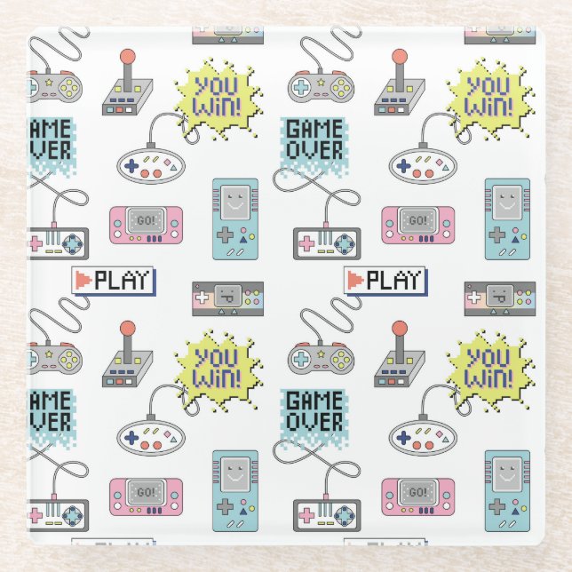 Retro Game Controllers: Colourful Seamless Pattern Glass Coaster (Front)