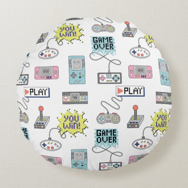 Retro Game Controllers: Colourful Seamless Pattern Round Cushion (Front)