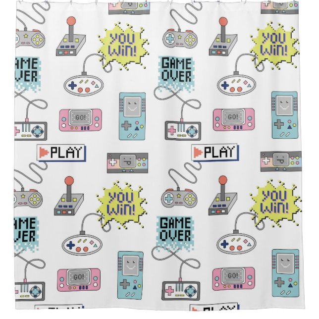 Retro Game Controllers: Colourful Seamless Pattern Shower Curtain (Front)