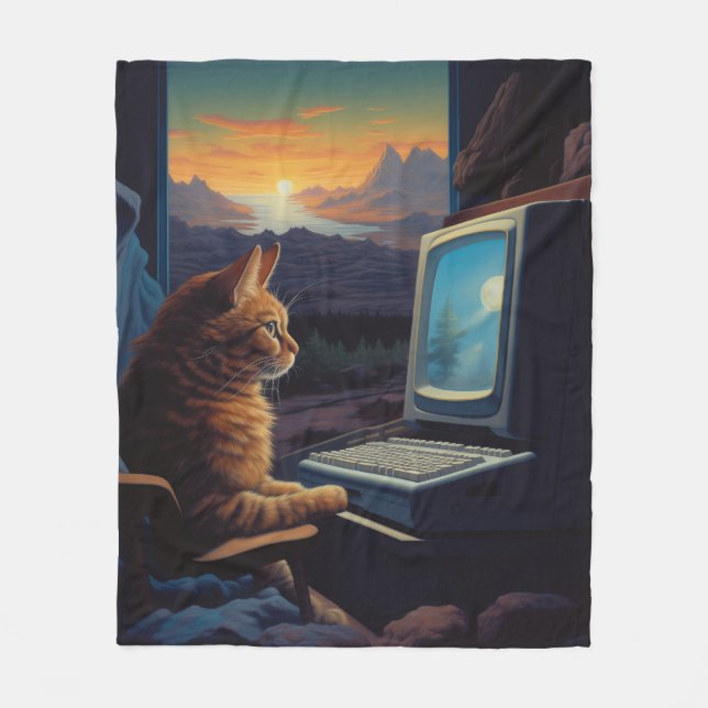 Retro Gamer Cat | 8-Bit Pixel Art Gaming Fleece Blanket (Front)