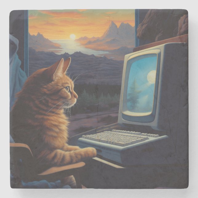 Retro Gamer Cat | 8-Bit Pixel Art Gaming Stone Coaster (Front)