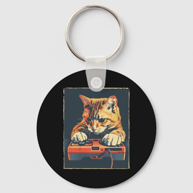 Retro Gamer Cat Having Fun Gaming Console For Game Key Ring (Front)