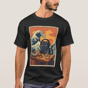 Retro Gamer Cat with Ramen Great Wave Anime Fans M T-Shirt