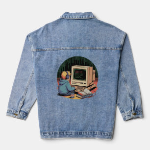 Retro Gamer Kid on Vintage Computer Pixel Art Denim Jacket
