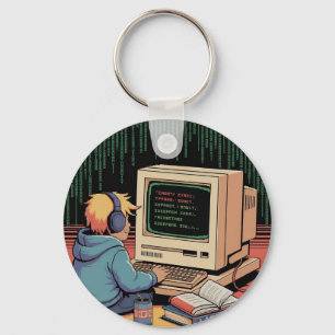Retro Gamer Kid on Vintage Computer Pixel Art Key Ring