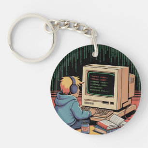 Retro Gamer Kid on Vintage Computer Pixel Art Key Ring