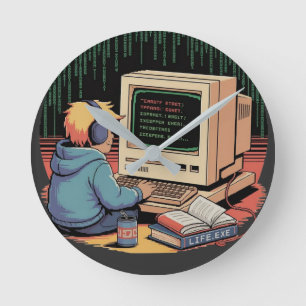 Retro Gamer Kid on Vintage Computer Pixel Art Round Clock