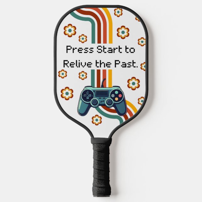 Retro Gaming Illustration – Teal Controller with F Pickleball Paddle (Front)