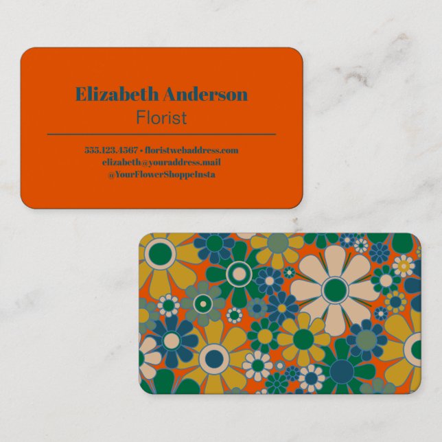 Retro Garden 60s 70s Aesthetic Floral Pattern Business Card (Front/Back)