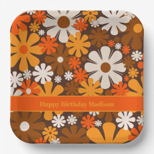 Retro Garden 70s 60s Brown & Orange Floral Pattern Paper Plate