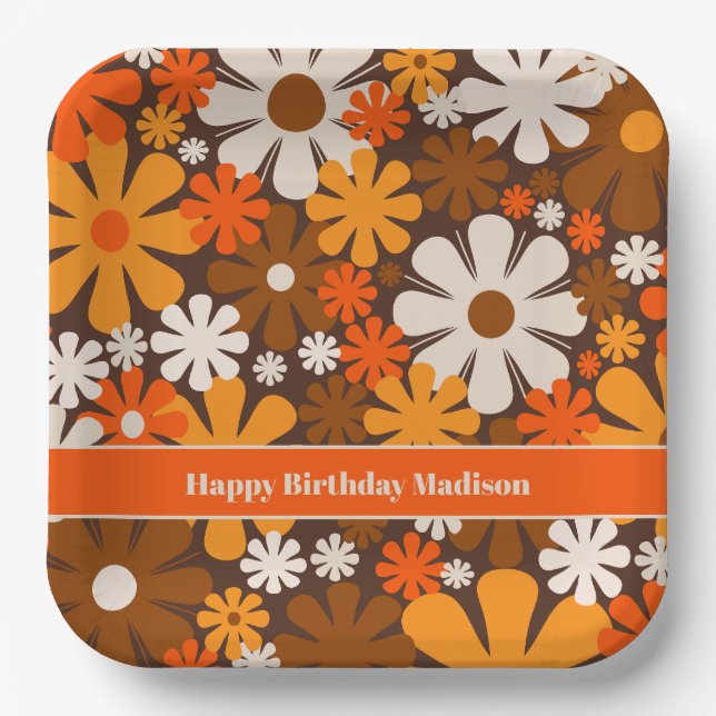 Retro Garden 70s 60s Brown & Orange Floral Pattern Paper Plate (Front)