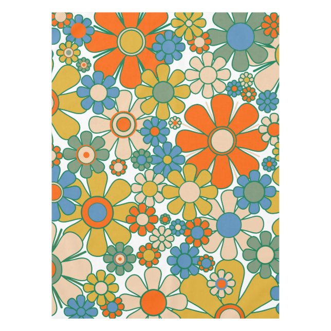 Retro Garden Cheerful 60s 70s Floral Pattern Tablecloth (Front)