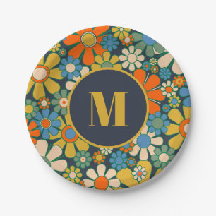 Retro Garden Cheerful Floral 60s 70s Initial Paper Plate