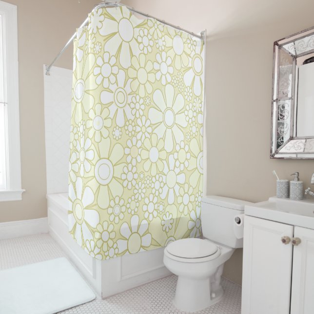 Retro Garden Cheerful Floral Pattern Pale Yellow Shower Curtain (In Situ)