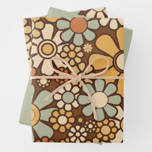 Retro Garden Chunky Flowers 60s 70s Floral Pattern Wrapping Paper Sheet