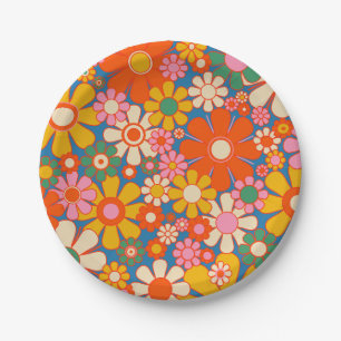 Retro Garden Colorful 60s 70s Floral Pattern  Paper Plate