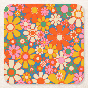 Retro Garden Colourful 60s 70s Floral Pattern Square Paper Coaster