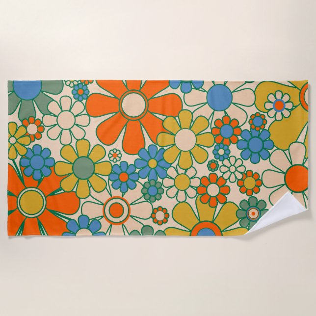 Retro Garden Floral 60s 70s Pattern Beach Towel (Front)