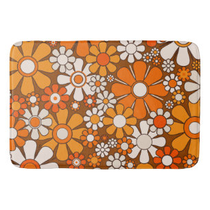 Retro Garden Floral 60s 70s Pattern Brown & Orange Bath Mat