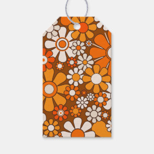 Retro Garden Floral 60s 70s Pattern Brown & Orange Gift Tags