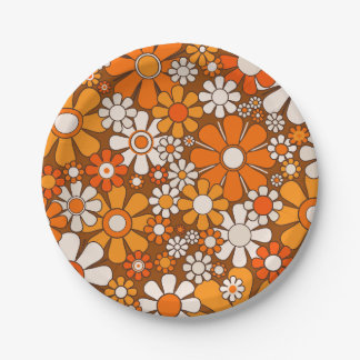Retro Garden Floral 60s 70s Pattern Brown & Orange Paper Plate