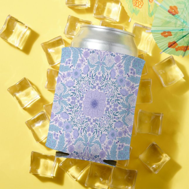 Retro garden florals in blue and violet can cooler (In Situ Summer)