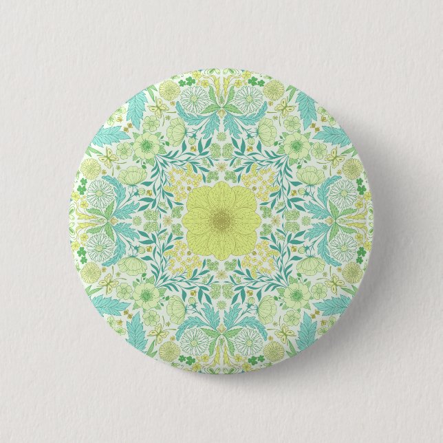 Retro garden florals in green and yellow 6 cm round badge (Front)