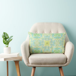 Retro garden florals in green and yellow lumbar cushion