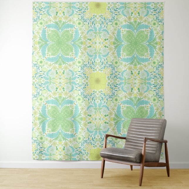 Retro garden florals in green and yellow tapestry (In Situ)