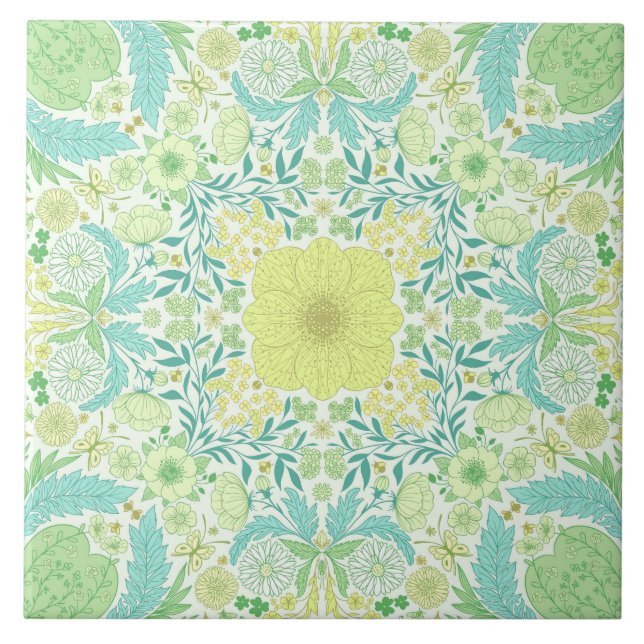 Retro garden florals in green and yellow tile (Front)