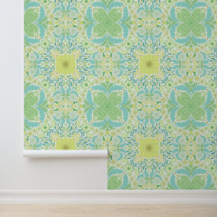 Retro garden florals in green and yellow wallpaper