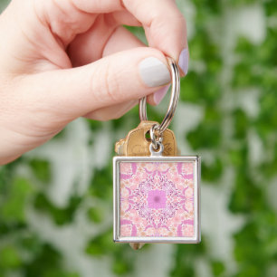 Retro garden florals in pink key ring
