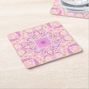 Retro garden florals  in pink square paper coaster