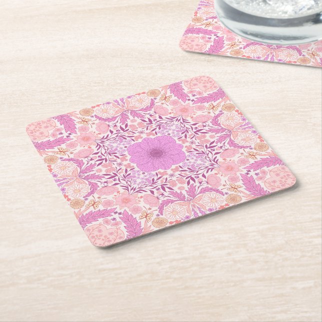 Retro garden florals  in pink square paper coaster (Angled)
