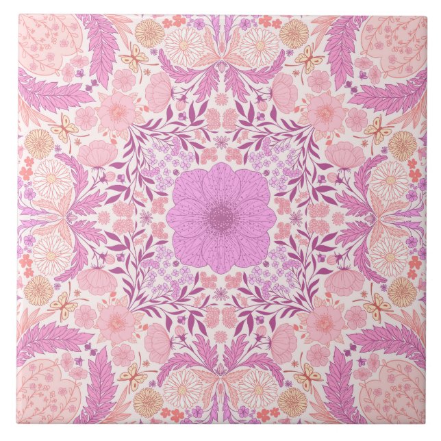 Retro garden florals  in pink tile (Front)