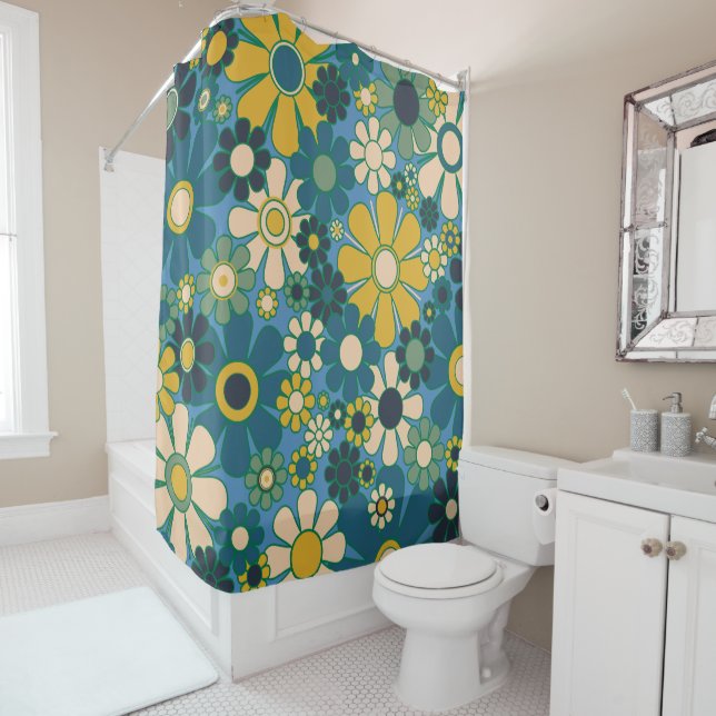 Retro Garden Flowers 60s 70s Aesthetic Floral  Shower Curtain (In Situ)