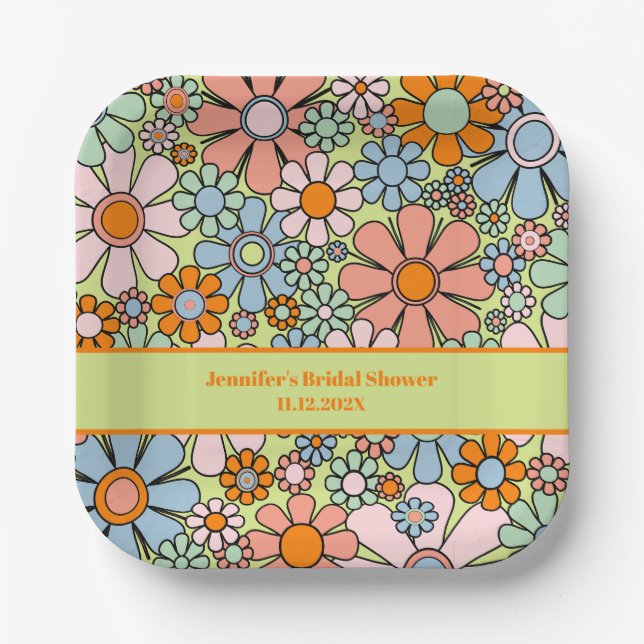 Retro Garden Flowers 60s 70s Boho Floral Pattern Paper Plate (Front)