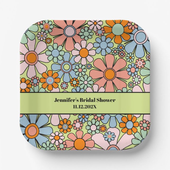 Retro Garden Flowers 60s 70s Boho Floral Pattern Paper Plate (Front)