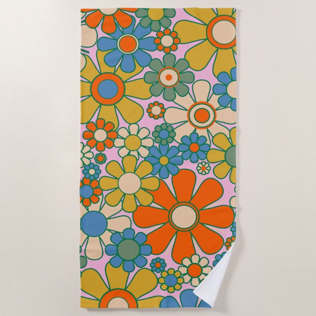 Retro Garden Flowers 60s 70s Floral Pattern Beach Towel (Front)