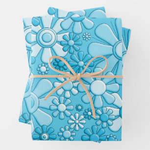 Retro Garden Flowers 60s 70s Floral Pattern Blue Wrapping Paper Sheet