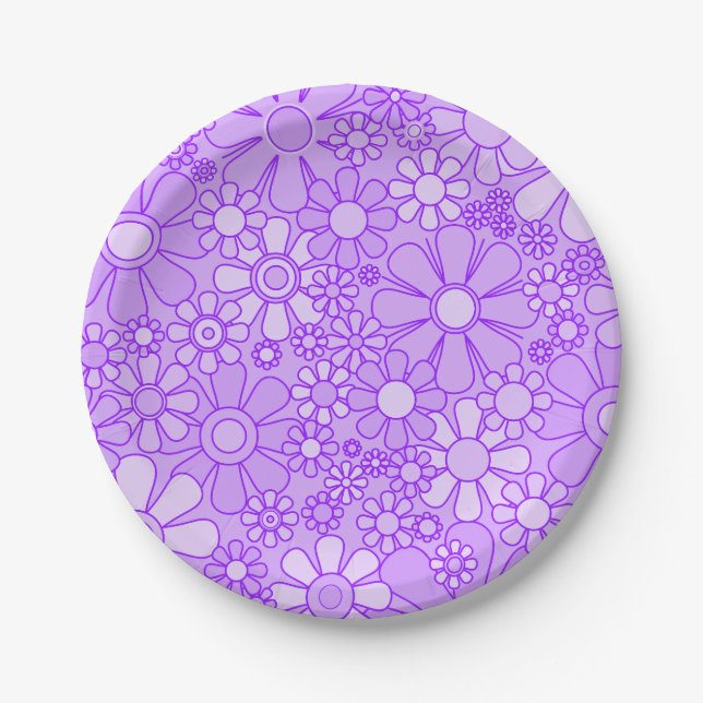Retro Garden Flowers 60s 70s Floral Pattern Purple Paper Plate (Front)