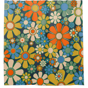 Retro Garden Flowers 60s 70s Floral Pattern Shower Curtain