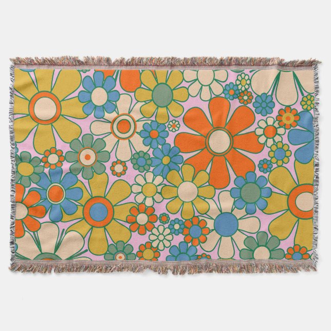 Retro Garden Flowers 60s 70s Floral Pattern Throw Blanket (Front)
