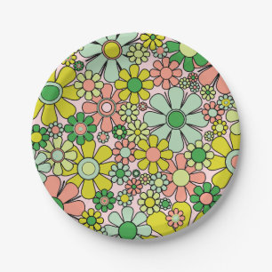 Retro Garden Flowers 60s 70s Spring Floral Pattern Paper Plate