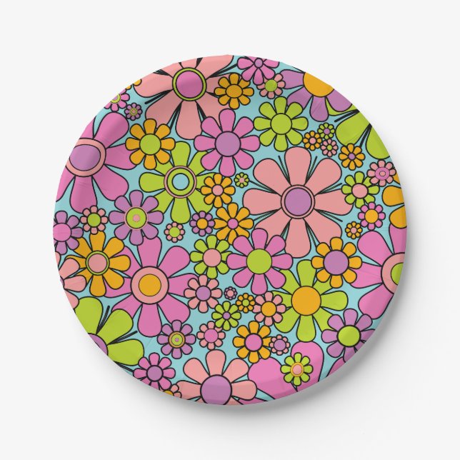 Retro Garden Flowers 60s Colourful Floral Pattern Paper Plate (Front)