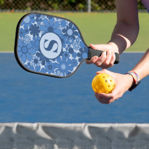 Retro Garden Flowers Blue Pattern with Initial Pickleball Paddle