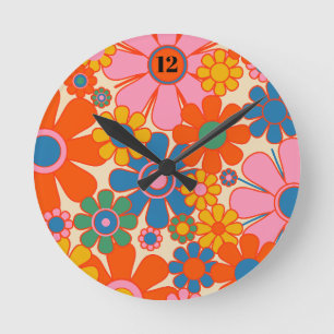 Retro Garden Flowers Colorful 60s 70s Floral Round Clock