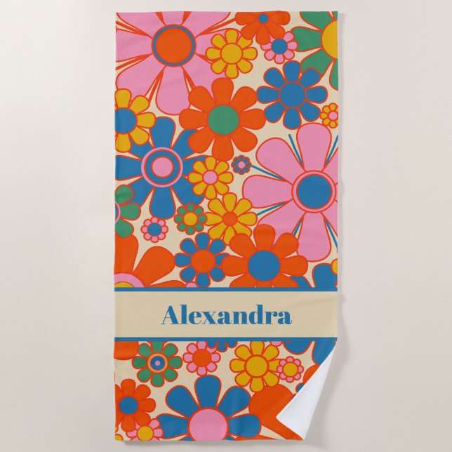 Retro Garden Flowers Colourful 60s 70s Floral Name Beach Towel (Front)
