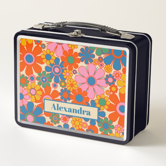 Retro Garden Flowers Colourful 60s 70s Floral Name Metal Lunch Box (Front)