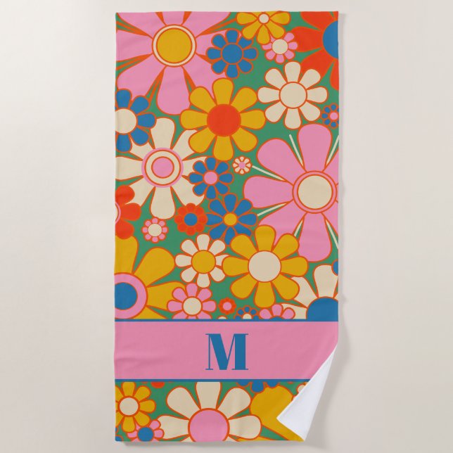 Retro Garden Flowers Colourful Floral Pattern  Beach Towel (Front)
